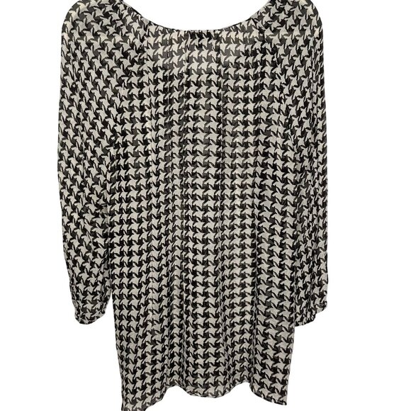 Talbots Sheer Blouse Womens 2X Black White Sheer Puff Sleeve Office Houndstooth - Picture 2 of 7
